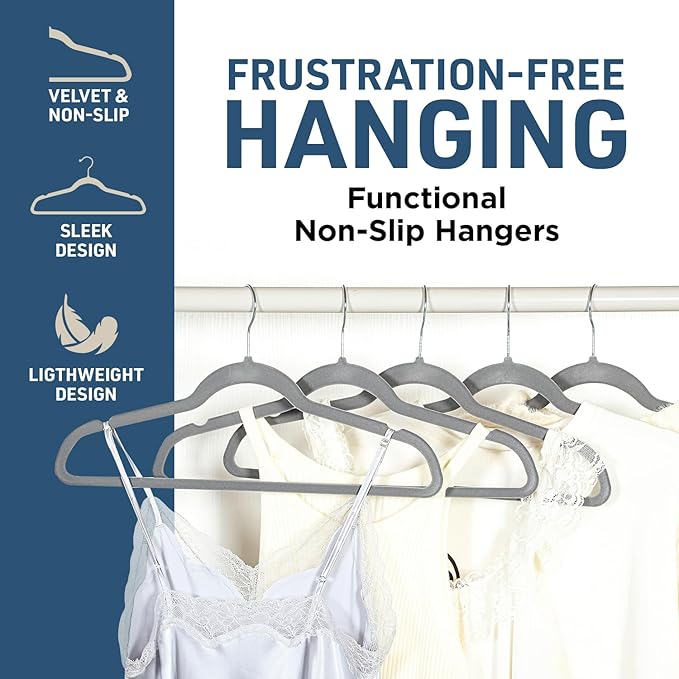 Velvet Non-Slip Hangers - 50 Pieces Non-Slip Coat Hanger Set with 360° Swivel Hook, Space-Saving, Sleek Design, Keep Closet Organized, Smooth Velvet Finish, Lightweight Construction - Gray
