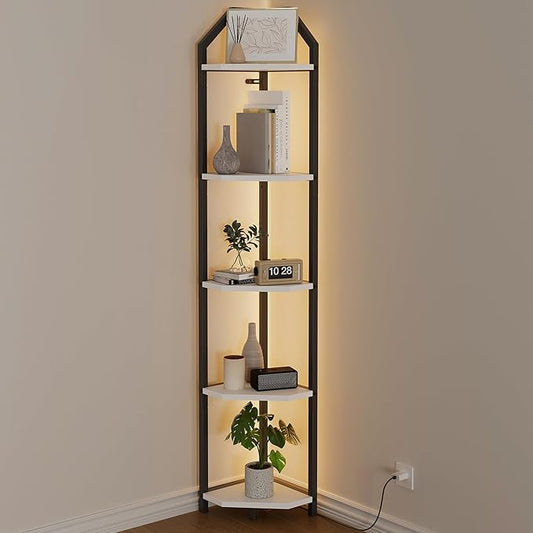 70 Inch Corner Shelf with LED Lights, 5-Tier Corner Bookshelf for Small Spaces, Wood & Metal Storage Rack for Bedroom, Living Room, Office - Modern Space Saving Design- White