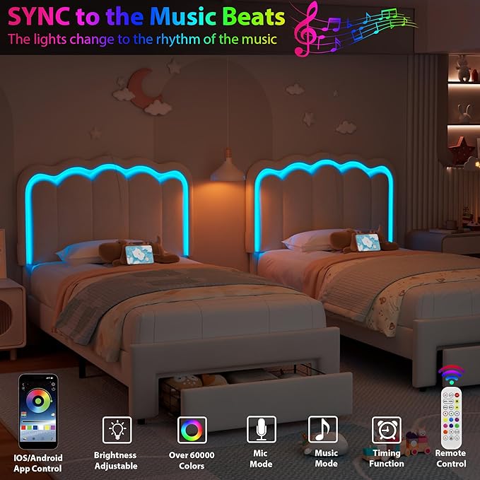 Twin Upholstered LED Bed Frame with Storage Drawer and Adjustable Chic Double Wavy Headboard, Velvet Princess Platform Bed for Girls/Kids, Solid Wood Slats Support, No Box Spring Needed, Grey