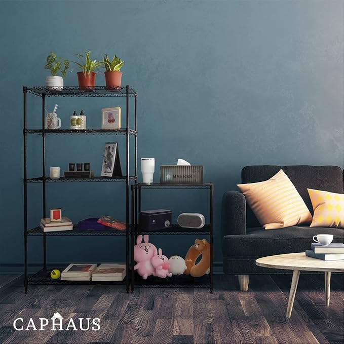 CAPHAUS 3/4/5-Tier Adjustable Height Wire Shelving Unit, Wire Rack Shelving, Metal Steel Storage Shelves, Garage Shelving Storage Organizer, Utility Storage Shelf, 5-Tier With Wheels, Black