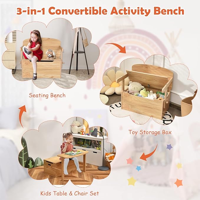 HONEY JOY Kids Table and Chair Set, 3-in-1 Convertible Wooden Toy Storage Bench with Handle, Toddler Furniture Set for Daycare Playroom, Gift for Boys Girls 3+ (Natural)