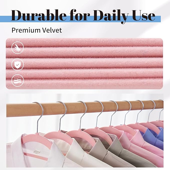 Smartor Pink Velvet Hangers 60 Pack, Space Saving Clothes Hangers with Tie Bar, Non-Slip Felt Hangers with Shoulder Notches, Heavy Duty Suit Hangers for Coat, Shirt, Pants, Dress