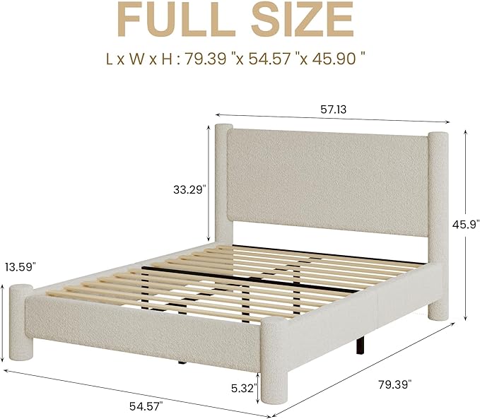 Full Size Bed Frame, Boucle Upholstered Platform Bed with Headboard and Footboard, Soft Rounded Corners, No Box Spring Required, Easy Assembly, Cream