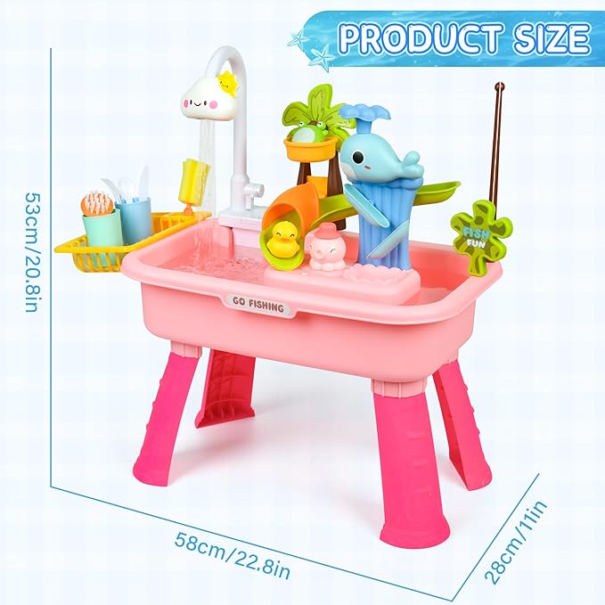 2026 Upgraded Water Table for Toddlers 1-3, Water Table with Pump,Toy Kitchen Sets for Kids Ages 4-8, with Detachable Legs, Play Sink with Electric Faucet, Includes Play Vegetables and Fishing Game