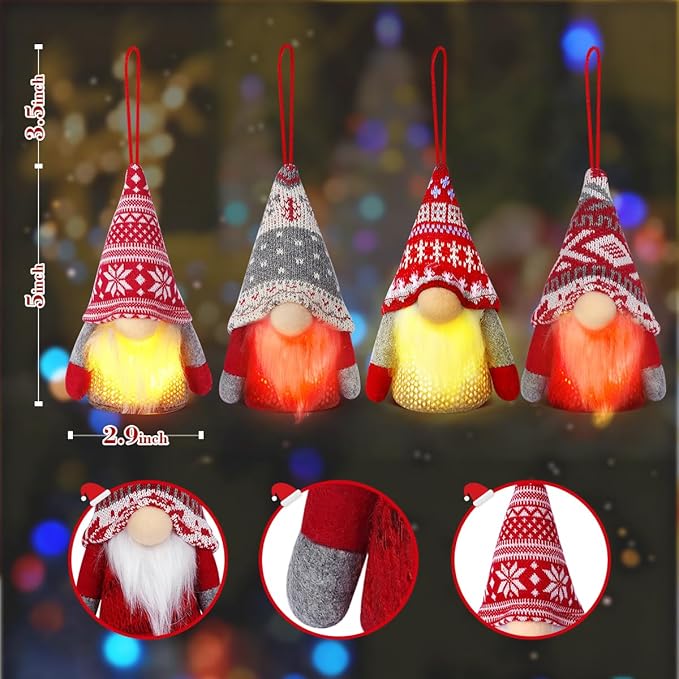 Christmas Gnome Ornaments, 4 Pack Christmas Tree Decorations Handmade Swedish Santa Gnomes Ornaments Lights Scandinavian Plush Elf Table Home Decor, Christmas Tree Hanging Decoration