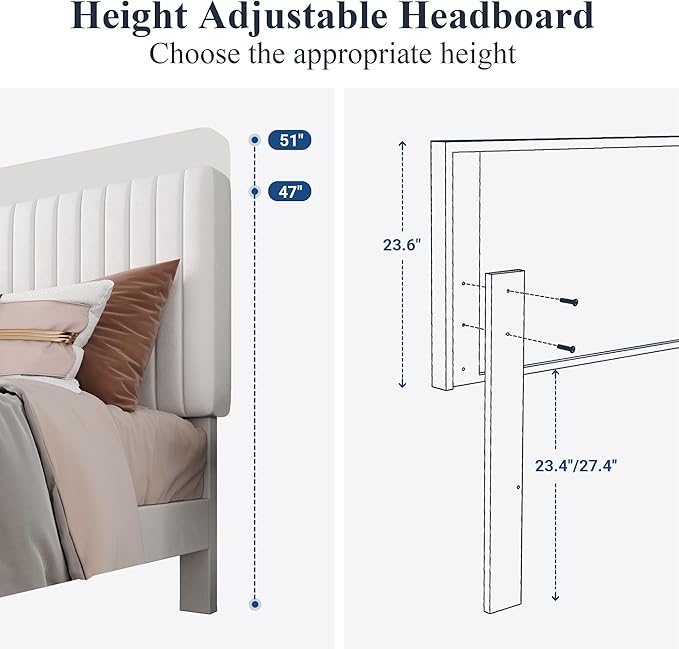Allewie King Bed Frame, Velvet Upholstered Platform Bed with Adjustable Vertical Channel Tufted Headboard, Mattress Foundation with Strong Wooden Slats, Box Spring Optional, Easy Assembly, Off-White