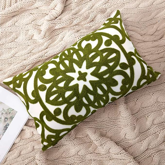 Alysheer Embroidered Lumbar Decorative Throw Pillow Cover 12"x 20", Classic Boho Mandala Embroidery Pattern Cotton Rectangular Cushion Case for Sofa Couch Living Room Bedroom(Olive Green)