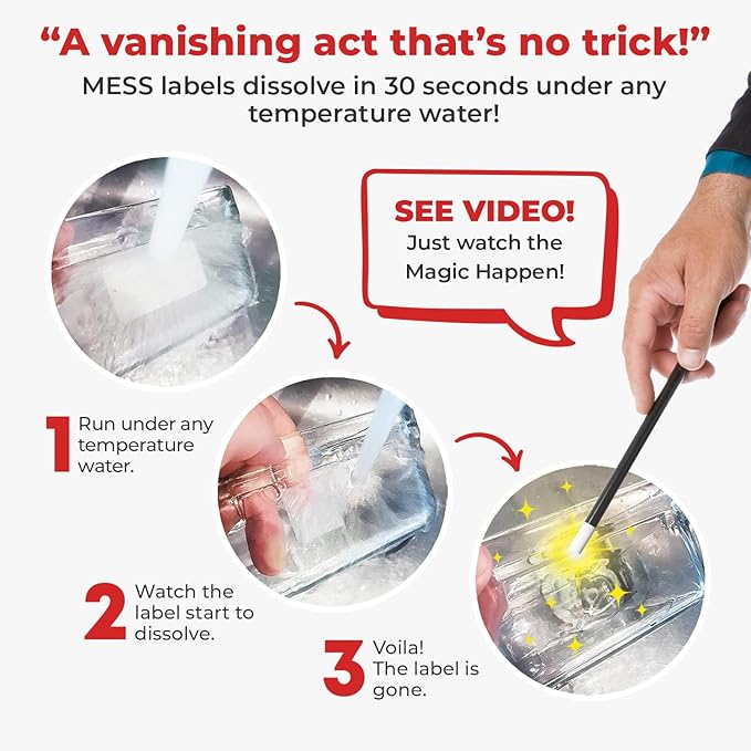 MESS Dissolvable Food Labels, Blank 1x2, 50/Roll - Dissolves in 30 Seconds or Less - Removable Pantry, Meal Prep & Food Storage Labels – Canning & Freezer Use