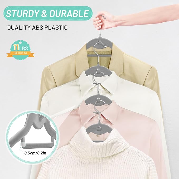 Velvet Hangers 30 Pack, STOPKLAS Grey Clothes Hangers Non Slip Felt Hanger with 360° Swivel Hook, Thin Hangers Space Saving, Heavy Duty Closet Hanger for Clothes, Coats, Suits, Dress, Pants