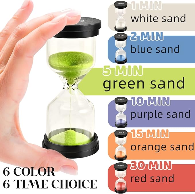 Sand Timer for Kids 6 Pack Colorful Hourglass 1min 2mins 5mins 10mins 15mins 30mins Sand Clock Timer for Classroom, Games and Kids Room