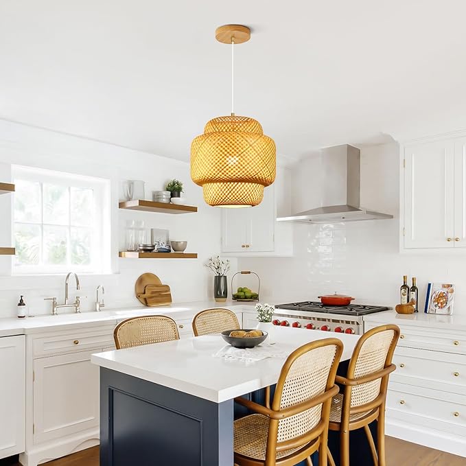 15.7inch Bamboo Pendant Light, Boho Chandelier Hand-Woven Wicker Rattan Hanging Ceiling Lighting, Rustic Farmhouse Pendant Lamp for Kitchen Island, Dining Room, Bedroom, Living Room, Foyer