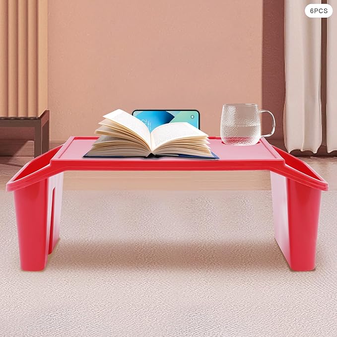 6 Pcs Kids Lap Desk Tray, Plastic Breakfast Lap Desk Trays with Side Pockets and Slot, Portable Lap Table Snack Tray for Eating, Writing, Drawing, Game, 19.69" L x 9.84" W x 7.1" H (Red*6)