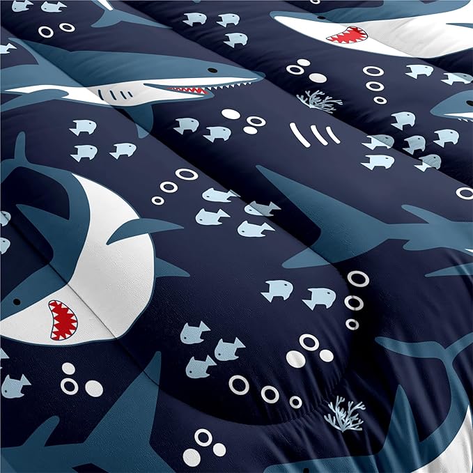 Shark Twin Comforter Set for Boys - 2Pcs Boys Sharks Bedding Set Twin Size Shark Print Comforter Set for Kids Boys Sea Animals Pattern Bedding Set for Bedroom, 1 Comforter with 1 Pillowcases