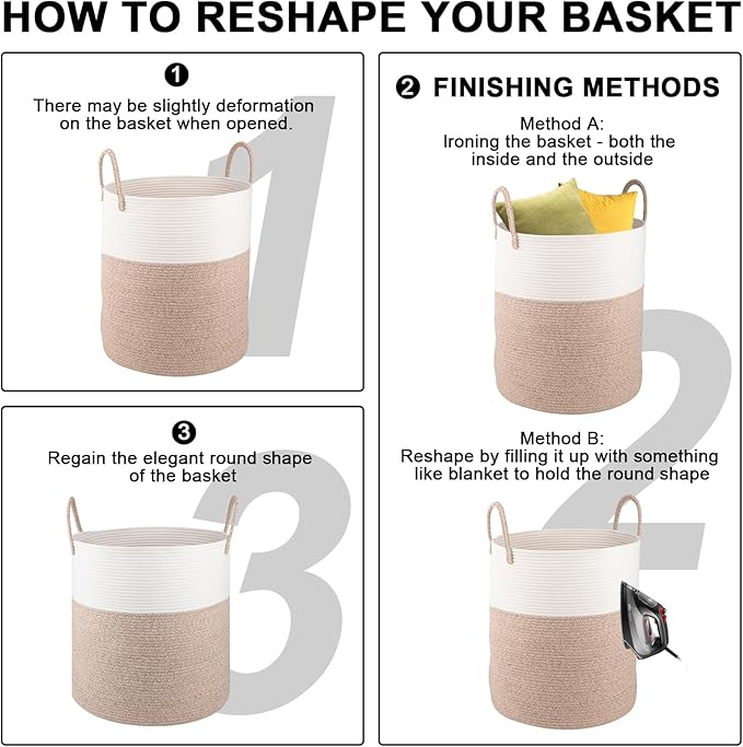 OIAHOMY 100L Laundry Hamper, Dirty Clothes Hamper for Bedroom, Collapsible Laundry Basket, Large Blanket Basket, Nursery Hamper with Handle, Blanket Storage for Living Room-18.5x21inches-Brown&White