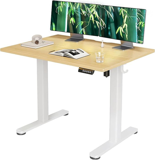 Claiks Bamboo Electric Standing Desk, Adjustable Height Stand up Desk, 40x24 Inches Sit Stand Home Office Desk with Splice Board, White Frame/BambooTop