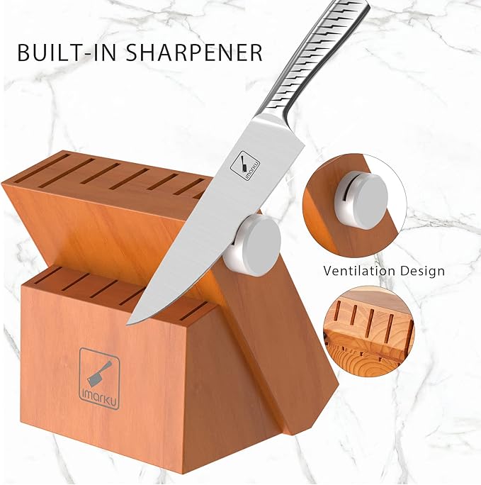 imarku Knife Set, 14PCS Knife Sets for kitchen with block, One-Piece Kitchen Knife Set with Built-in Sharpener, Stainless Steel Chef Knife Set with Lightning Stripes Handle, Dishwasher Safe(Wood)