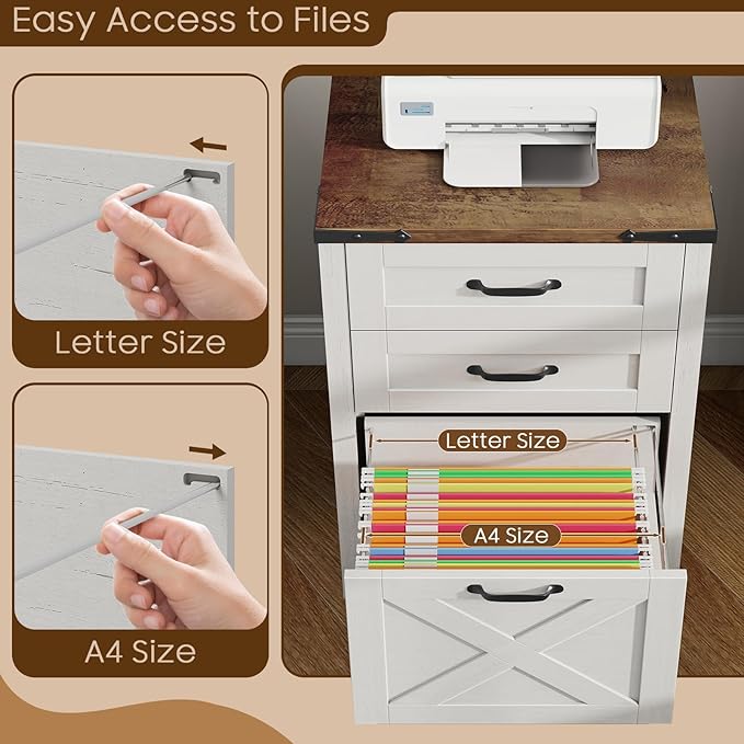 Vertical File Cabinet with 3 Drawers, Wooden Farmhouse Filing Cabinet for Letter/A4 Size Hanging Files, Under Desk Printer Stand with Storage for Home Office, Rustic White