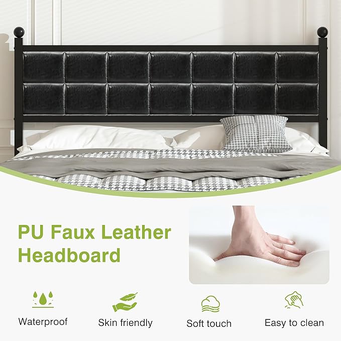 VECELO Full Metal Bed Frame, Faux PU Leather Platform Beds with Upholstered Headboard and Footboard, Strong Slats Support, 12" Underbed Storage, Noise-Free, No Boxing Spring Needed, PU Black