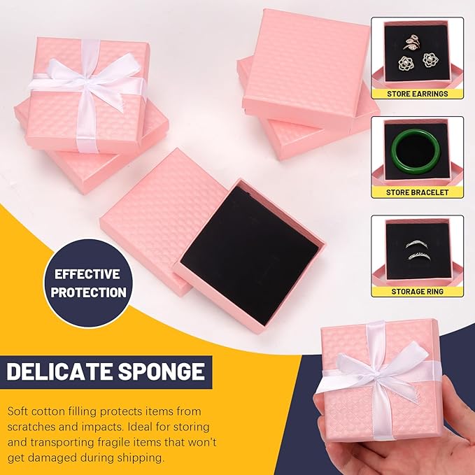 Glarks 12pcs Pink 9 x 9 x 3CM Jewelry Gift Boxes with Pink Scissors and 1.5 x 225CM White Polyester Ribbon Set, Diamond Pattern Necklace Earring Bracelet Boxes Gift Case Ideal