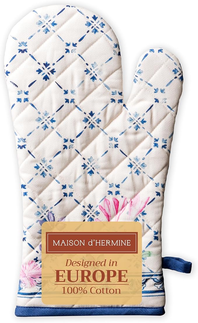 Maison d' Hermine Oven Gloves 100% Cotton Oven Mitt 7" x 13" with Loop Heat Resistant, BBQ, Cooking Gloves, Baking, Grilling, Kitchen, Handling Hot Pans Spring/Summer (Pack of 1, Faience)