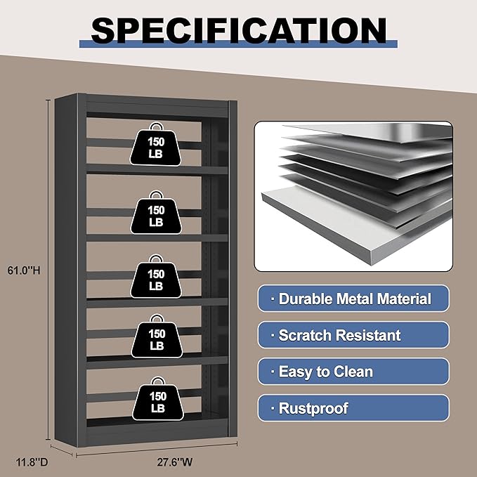 61" Metal Bookshelf and Bookcase | 5-Tier Adjustable Shelves, Deep Modern Storage Shelf for Living Room, Office, Bedroom (Black)