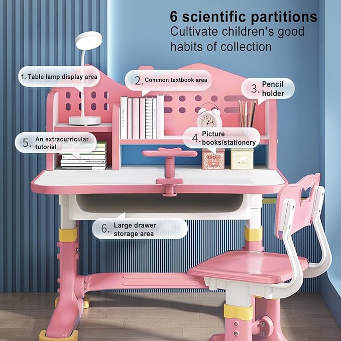 Children Learning Desk and Chair Set Pink Desk Set Height Adjustable with Drawers and Storage Compartments Curved Desktop Cartoon Learning Desks and Chairs Reading/Learning/Writing for Girls (Pink B)
