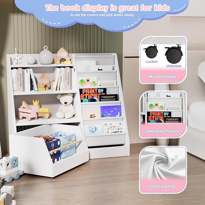 Kids Bookshelf with Toy Storage Organizer Movable Drawer, Toddler Bookcase 5 Sling Child Book Rack 4-Tier Shelf Cabinet Chest with Wheels for Nursery,Playroom,Bedroom,Living Room,Classroom