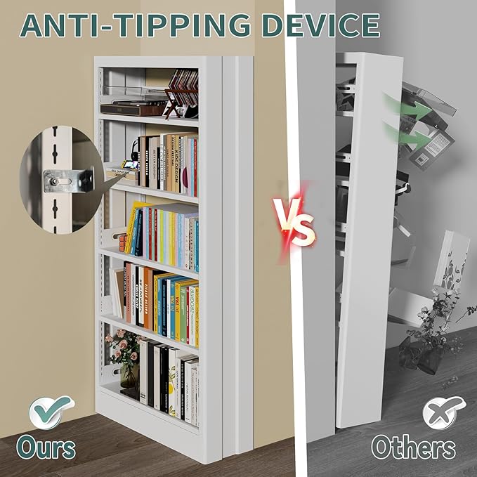 71" Metal Book Shelf, 5 Tier Bookshelf with Adjustable Shelves, Bookshleves and Bookcases, Heavy Duty Library Book Case, Expandable Combination Bookshelf (White, 72.8" W)