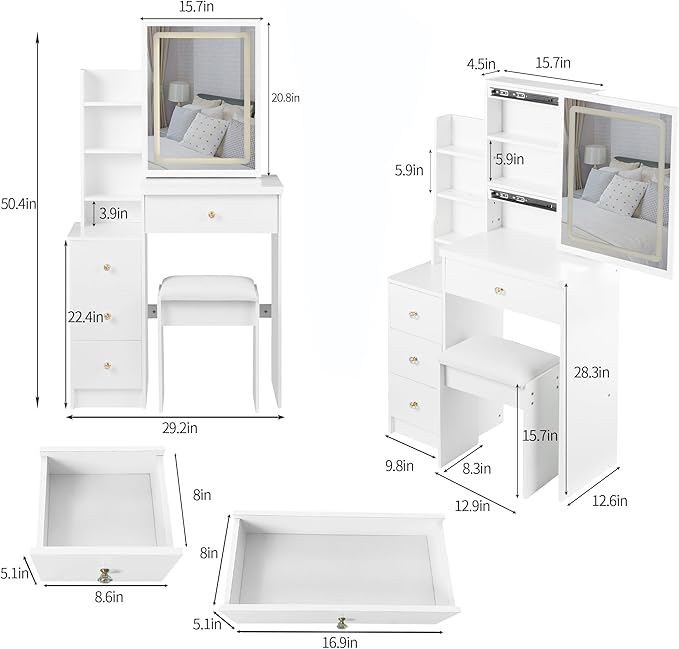 Makeup Vanity Desk Set with LED Lights and Chair, Compact Vanity Desk with Storage Shelves, 4 Drawers, Small Space Vanities with 3 Adjustable Lighted Mirror for Bedroom, White