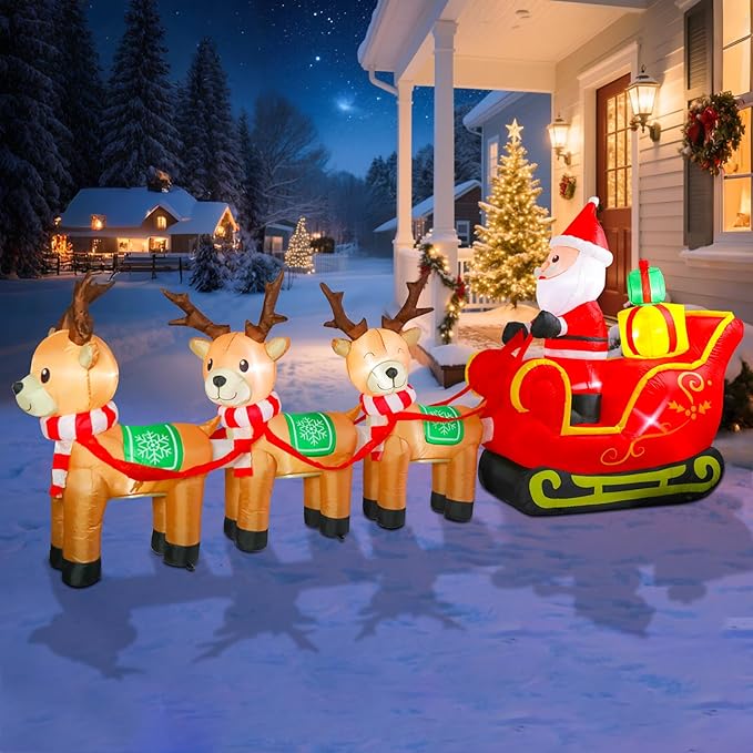 Bshine Christmas Inflatable Outdoor Decorations,12FT Long Santa Claus on Sleigh with Reindeer Deer Sign, Christmas Blower Up with LED Lighted for Holiday Outdoor/Indoor Home Garden Yard Lawn Decor