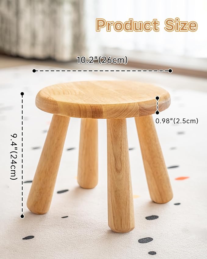 100% Solid Wood Mushroom Step Stool, Small Wooden Stool for Kids & Adults, Plant Stand & Side Table, Compact & Sturdy Footstool for Bathroom, Bedroom, Living Room, Natural (1PC)