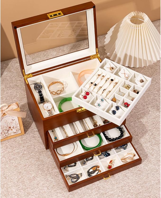 Bescott 5 Layer Solid Wooden Jewelry Box with Lock and Key for Women Men Vintage Velvet Wood Jewelry Organizer Storage for Earrings Rings Necklaces Bracelet Watch Mother’s Day Gift