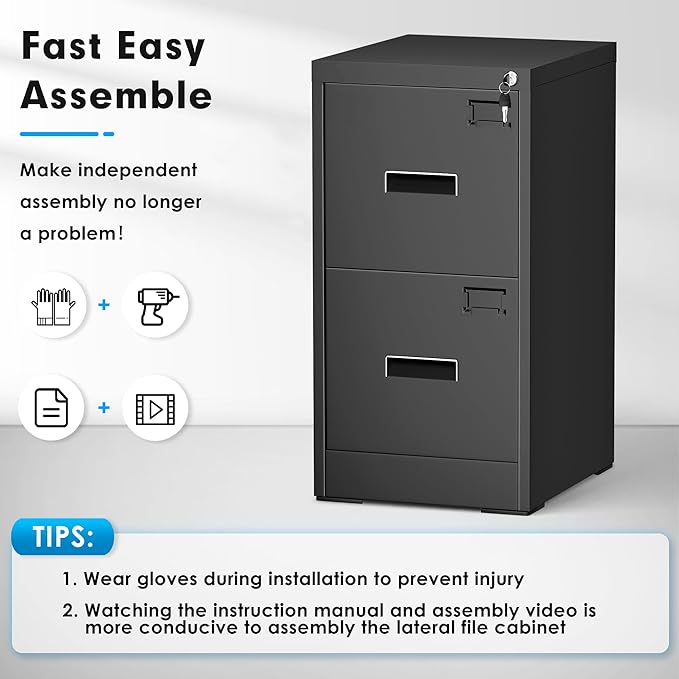 Greenvelly 18" D Vertical File Cabinet, 2 Drawer Locking Cabinet for Home Office, Black Metal for Hanging Letter/Legal Folders, Easy Assemble