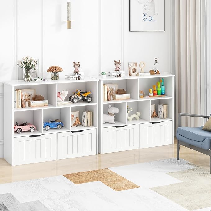 Toy Storage Organizer with Bookshelf, Large Toy Organizers and 2 Movable Drawers with Hidden Wheels and 5 Storage Cubbies, Kids Bookshelf and Toy Storage Chest, Playroom Furniture, White