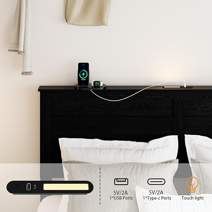 Wooden Full Size Bed Frame with Headboard, Classic Black Farmhouse Storage Bedframe with Sliding Barn Door Footboard and Charging Station, Wood Slats, No Box Spring Needed