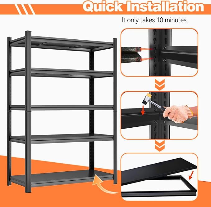 5-Tier Heavy Duty Garage Shelving Unit – 3000 lbs Adjustable Metal Storage Rack, Tool-Free Assembly, Rustproof Steel Organizer for Basement, Pantry, Warehouse, 63" H x35.43 W x 15.8" D