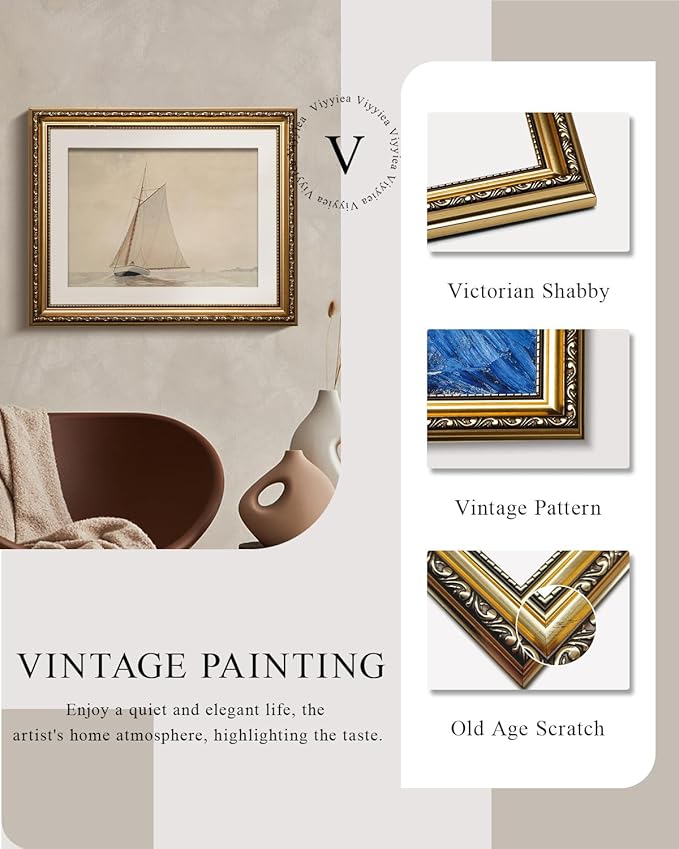 VIYYIEA Gold Framed Wall Art Canvas Print Home Decor for Living Room White Sailboat Seascape Watercolor Vintage Beach Painting on Canvas - Coastal Wall Art Prints for Bedroom Office Bathroom 13x16in