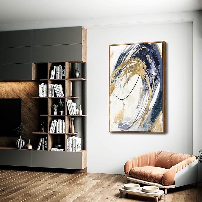 Large Wall Art Framed Artwork Gold Wall Decor Living Room Decorations Blue Wall Decor Abstract Painting Gold Line Artwork Line Office Decor Ready to Hang 32X48 Inch