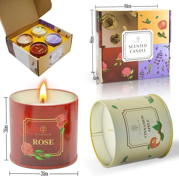 Scented Candles 4 Pack Soy Wax Long Lasting Rose Lavender Sandalwood Apple Fragrance Gifts for Women Mother's Day Thanksgiving Day Christmas Day