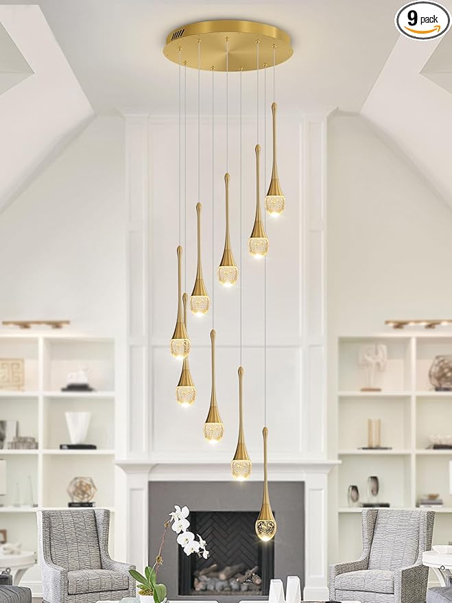 H100'' Modern Chandelier 9-Lights Gold Foyer Entrance Chandeliers High Ceiling Chandelier LED Dimmable 2700-6000K Fixtures
