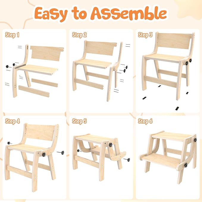 Toddler Step Stool, 2 in 1 Folding Step Stool for Kids, Toddler Stool for Bathroom Sink & Potty Training, Wooden Step Stools w Non Slip Base for Kitchen, Bedroom, Turns into Kids Chair