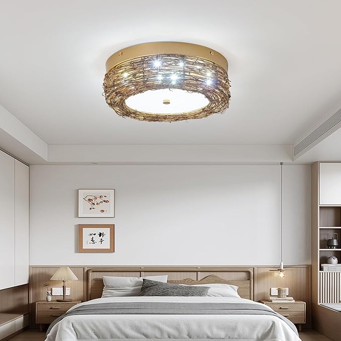 11 inch Rattan Light Fixture Boho Flush Mount Ceiling Light Hand Woven LED Ceiling Lamp for Hallway Bedroom Kitchen Entryway Living Room Nursery