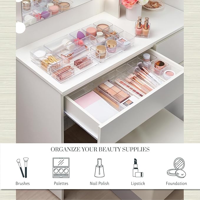 STORi SimpleSort 18-Piece Stackable Clear Drawer Organizer Set | Multi-size Trays | Makeup Vanity Storage Bins and Office Desk Drawer Dividers | Made in USA