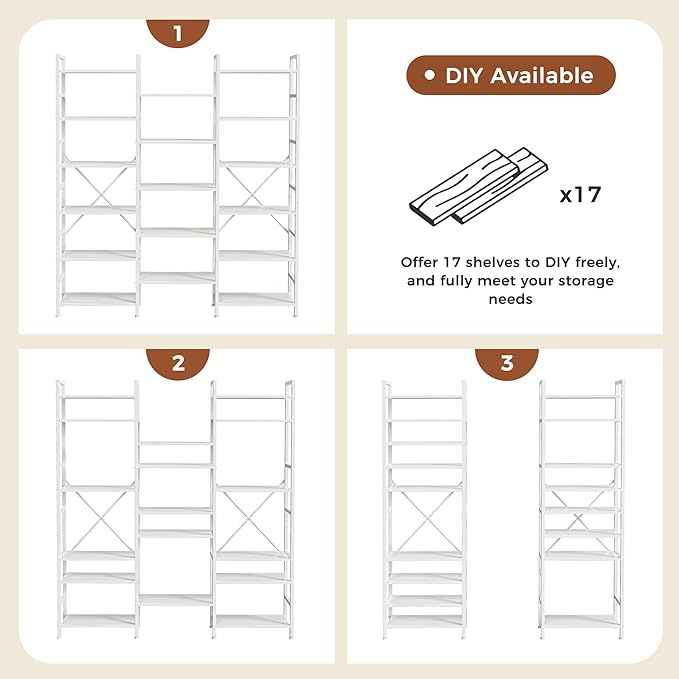 SUPERJARE Triple 6 Tier Bookshelf, Bookcase with 17 Open Display Shelves, Wide Book Shelf Book Case for Home & Office, White