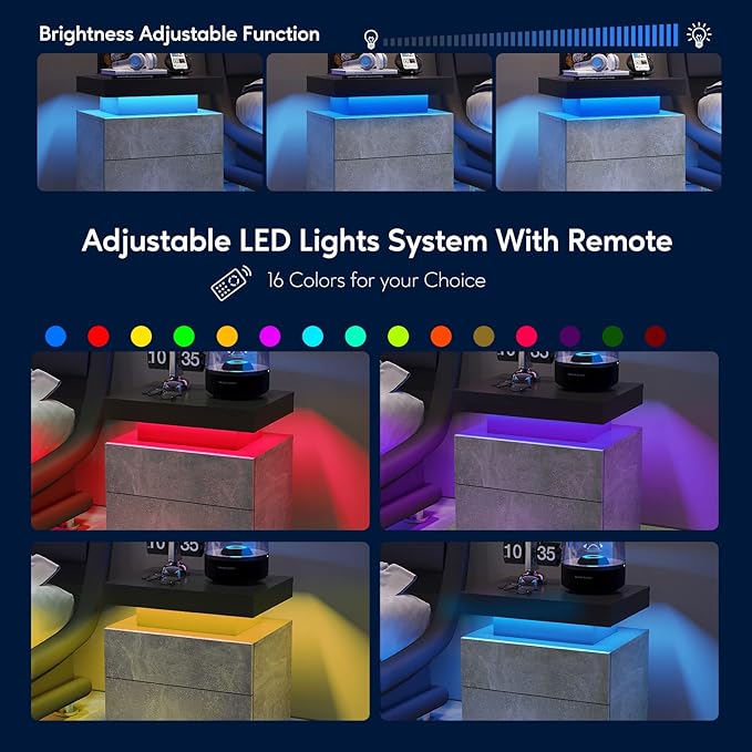 LED Nightstands, Modern End Side Table with 2 Drawers, LED Bedroom Furniture for Bedroom and Living Room, Grey