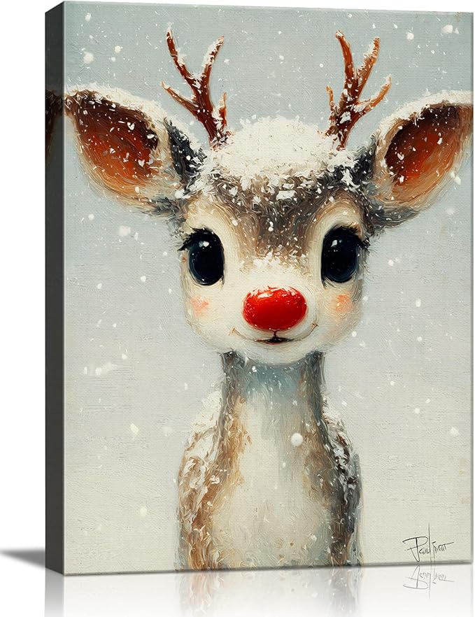 Funny Red Nose Deer Christmas Canvas Wall Art - Whimsical Framed Winter Wall Art for Living Room & Office, Cute Christmas Wall Decor with Wood Frame, Playful Christmas Gifts & Cozy Winter Decor