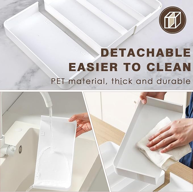 Expandable cutlery drawer organizer, silverware drawer organizer, freely adjustable large kitchen utensil tray with partitions, large adjustable plastic cutlery tray for knives, forks, spoons, white