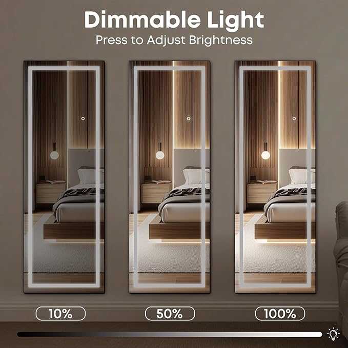 64" x 22" Full Length Tempered Glass LED Floor Mirror - Big Wall/Standing Mirror with Lights, Dimmable Touch Screen & Adjustable Color (White/Warm Light), Full Body Mirror for Bedroom, Dressing Room