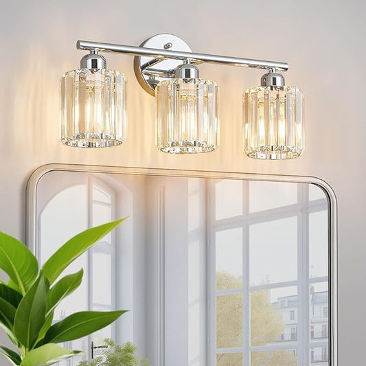 Modern 3 Light Crystal Vanity Light, Chrome Vertical Bathroom Light Fixture Over Mirror for Dressing Table Sink, Compatible with Dimmable Bulbs (Bulbs Not Included)