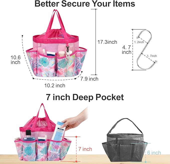 F-color Mesh Shower Caddy Portable with Drawstring - Upgrade Deeper 7 Pockets Dorm Room Essentials for Guys Girls with S Hook, Shower Bag Basket Tote for College Camping Bathroom, Pink Flamingo